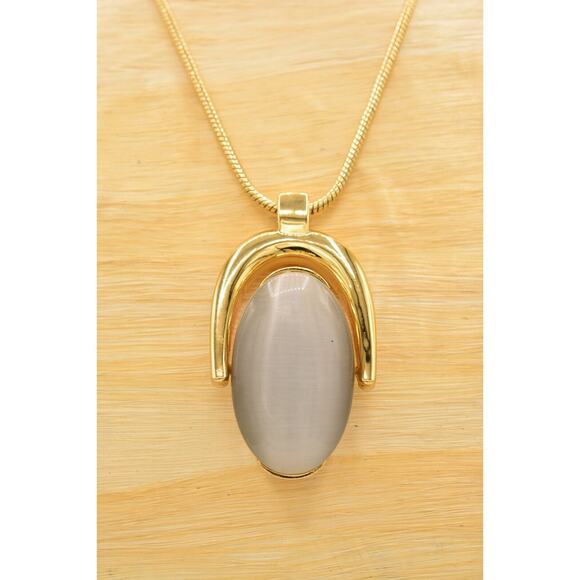 Talbots Vintage Necklace Heavy Cabochon Pink Gray Reversible Gold Signed BinN - Picture 2 of 12